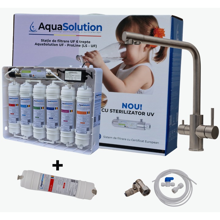 Filtru de apa – Statie ultrafiltrare 6 trepte cu alcalinizare 0.01 microni si cu sterilizator UV 6W – AquaSolution UF-ProLine - white + Baterie 3 cai, Edge inox 304