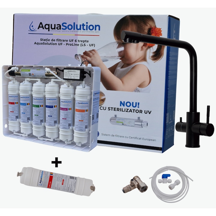 Filtru de apa – Statie ultrafiltrare 6 trepte cu alcalinizare 0.01 microni si cu sterilizator UV 6W – AquaSolution UF-ProLine - white + Baterie 3 cai, Edge inox 304 negru mat