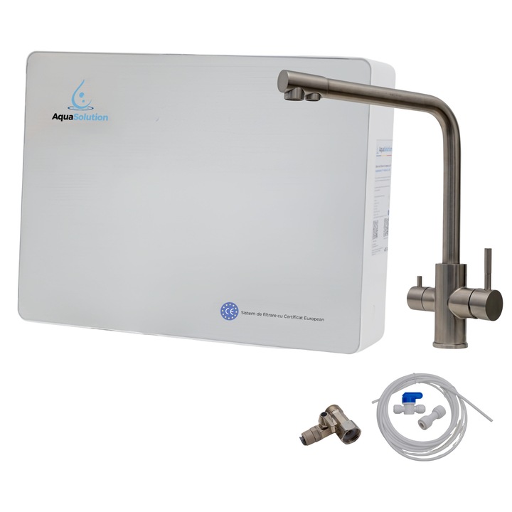 Filtru de apa – Statie ultrafiltrare 6 trepte cu alcalinizare 0.01 microni – AquaSolution UF-ProLine - white + Baterie 3 cai, Edge inox 304