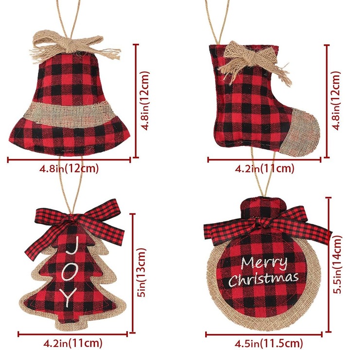 Karácsonyi gömb szett 8 darabos, piros-fekete kockás, zsákvászon, 7cm