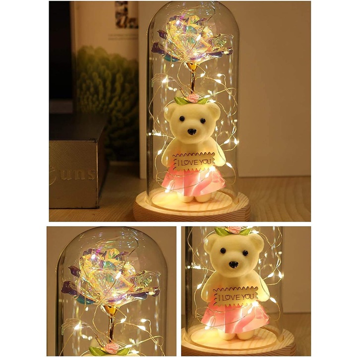 Örök rózsa üvegkupolában LED fénnyel, többszínű, 20x9x11cm