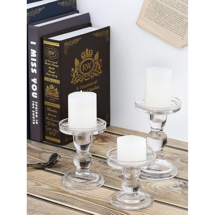 Set suporturi lumanari sticla alba, 3 piese, 8.5x8.8cm-8.5x14cm