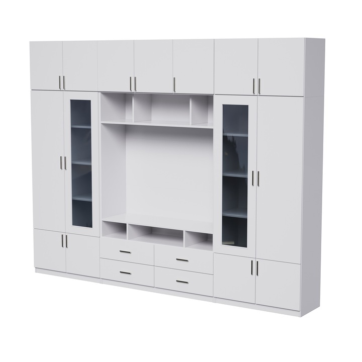 Set De Dulapuri Pentru Living, Meblast, Vero, 303.2x240x43 cm, PAL 18 mm, Dulapuri si Corpuri Superioare Incapatoare, 4 Sertare Mari, Vitrine cu sticla, Cant PVC Ranforsat, Alb Imaculat