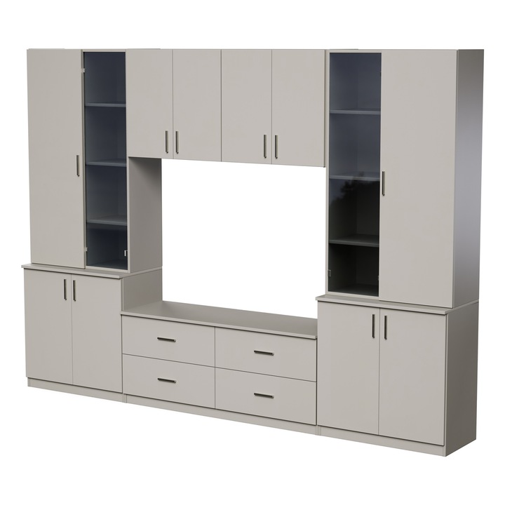 Set De Dulapuri Pentru Living, Meblast, Stilo, 300x220x45 cm, PAL melaminat 18 mm, Corpuri Superioare Incapatoare, Vitrine cu sticla, Picioare Reglabile, 4 Sertare, Bej Casmir