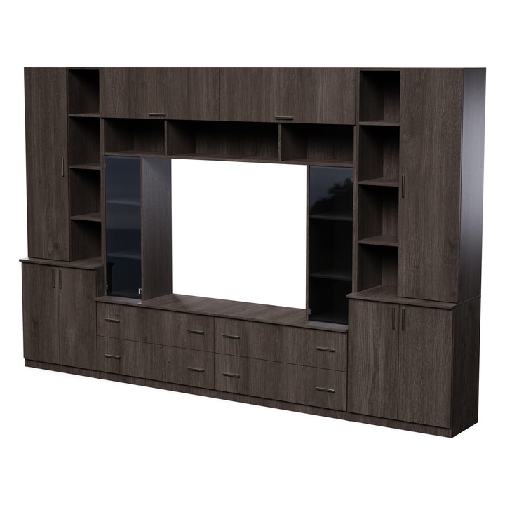 Set De Dulapuri Pentru Living, Meblast, Modena, 340x230x45 cm, PAL melaminat 18 mm, Cant PVC ranforsat, Picioare Reglabile, Rafturi Deschise, Spatiu TV, Stejar Carpenter Coffe