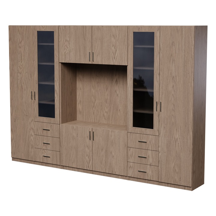 Set De Dulapuri Pentru Living, Meblast, Livio, 320x220x43 cm, PAL melaminat 18 mm, Corpuri Superioare Incapatoare, 6 Sertare, Cant PVC ranforsat, Vitrine cu sticla, Stejar Baltic Dune