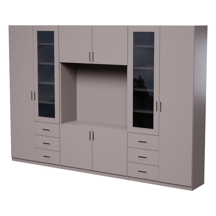 Set De Dulapuri Pentru Living, Meblast, Livio, 320x220x43 cm, PAL melaminat 18 mm, Corpuri Superioare Incapatoare, 6 Sertare, Cant PVC ranforsat, Vitrine cu sticla, Sepia