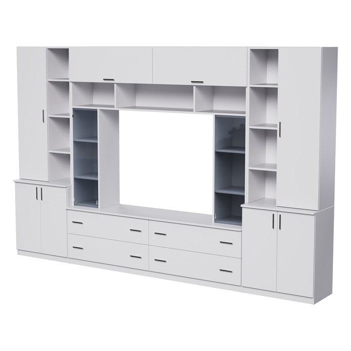 Set De Dulapuri Pentru Living, Meblast, Modena, 340x230x45 cm, PAL melaminat 18 mm, Cant PVC ranforsat, Picioare Reglabile, Rafturi Deschise, Spatiu TV, Alb