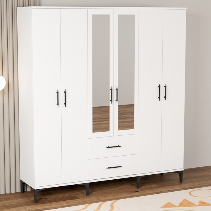Dulap Desire cu 6 usi si oglinda - Design modern, spatios si elegant, alb lucios. Dulapul Desire cu 6 usi este combinatia perfecta intre design modern, functionalitate si durabilitate