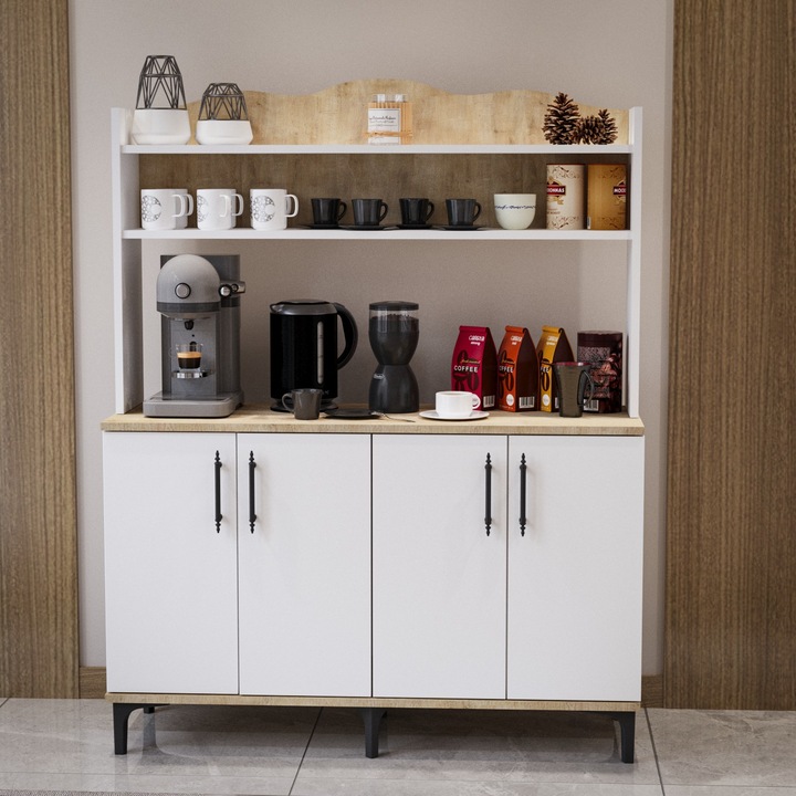 Desire Dulap de Colt pentru Cafea Multifunctional cu 2 Rafturi – Design Modern, Stejar & PAL Alb Lucios