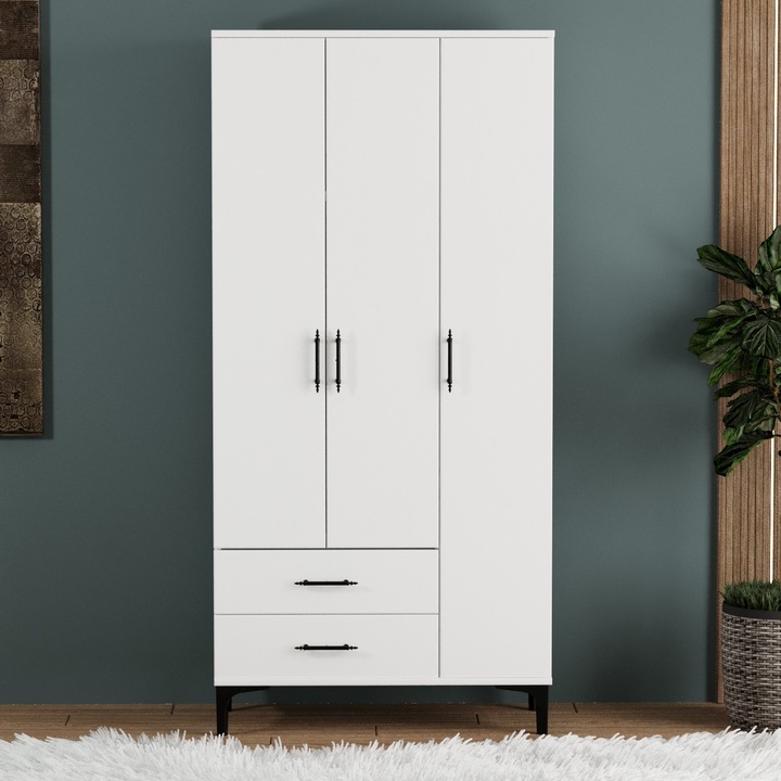 Desire Dulap cu 3 Usi si 2 Sertare – Design Modern, Alb Lucios, PAL Premium
