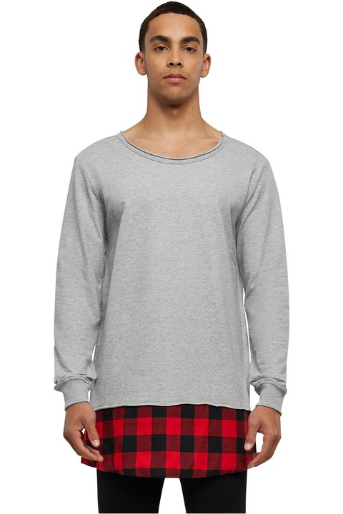 Urban Classics, Bluza de bumbac cu doua texturi, Rosu/Gri melange