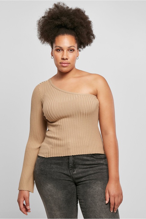 Urban Classics, Bluza striata cu decolteu pe un umar, Maro camel