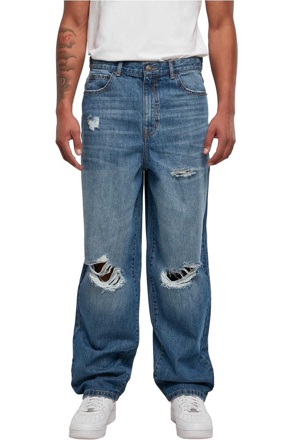 Urban Classics, Blugi relaxed fit cu decupaje, Albastru inchis, 30