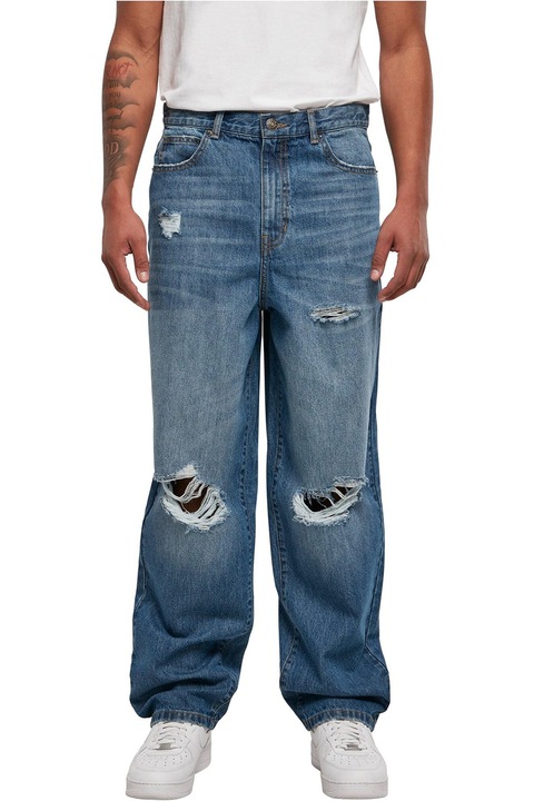 Urban Classics, Blugi relaxed fit cu decupaje, Albastru inchis