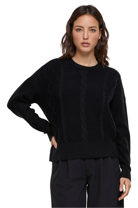 Urban Classics, Pulover cu maneci cazute si design cu torsade, Negru melange