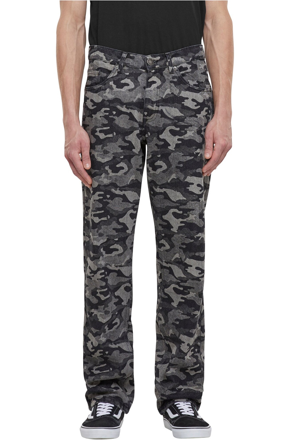 Urban Classics, Blugi ampli cu imprimeu camuflaj, Negru, Gri, 38