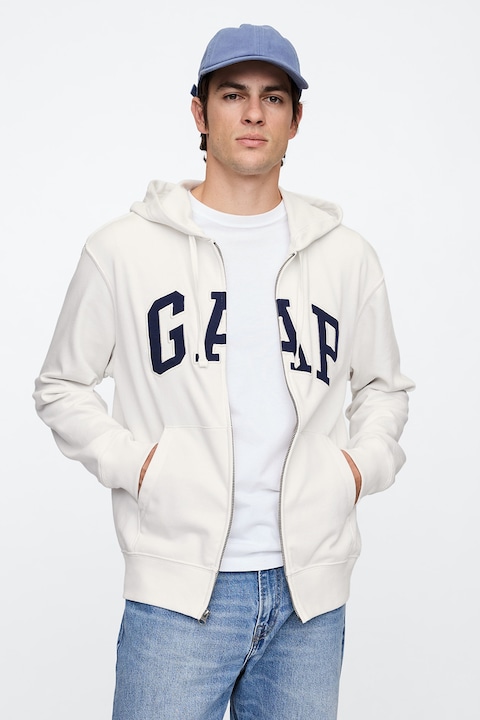 GAP, Hanorac cu fermoar si imprimeu logo, Alb murdar