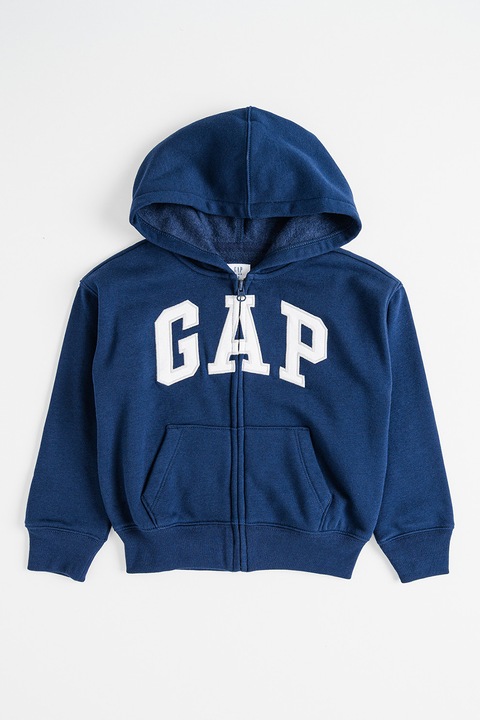 GAP, Hanorac din amestec de bumbac cu logo si fermoar, Alb/Albastru inchis
