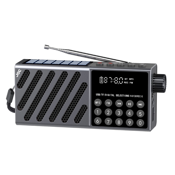 JOC-6138REC-S многофункционално преносимо радио със слънчево зареждане, Bluetooth, USB, TF карта, цифров дисплей и стерео звук в сив цвят