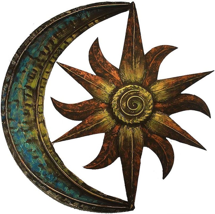 Decoratiune perete soare si luna metalica, vintage, multicolor, 40x40cm