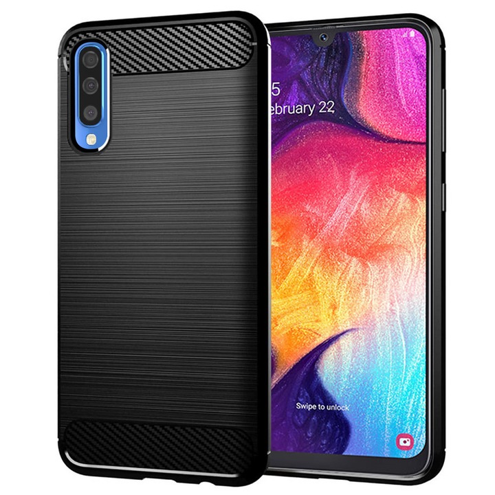 Husa Carbon pentru Samsung Galaxy A30s / A50 / A50s, Silicon TPU Durabil, Protectie sporita, Rezistenta la socuri, Grip Anti-Alunecare, Neagra