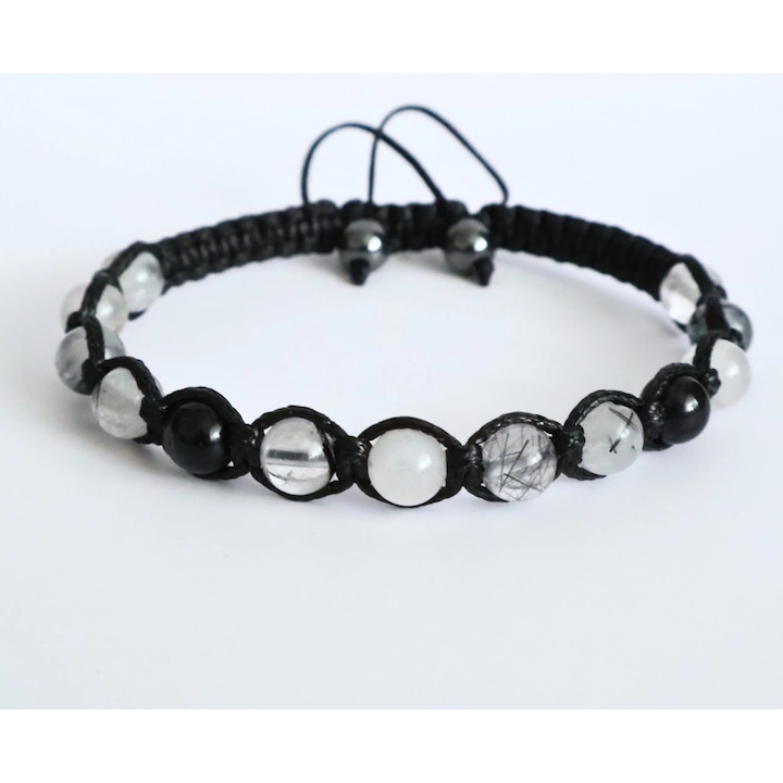 Bratara handmade cu Cuart rutilat cu Turmalina, reglabila, sfere de 6mm, pentru creativitate si protectie