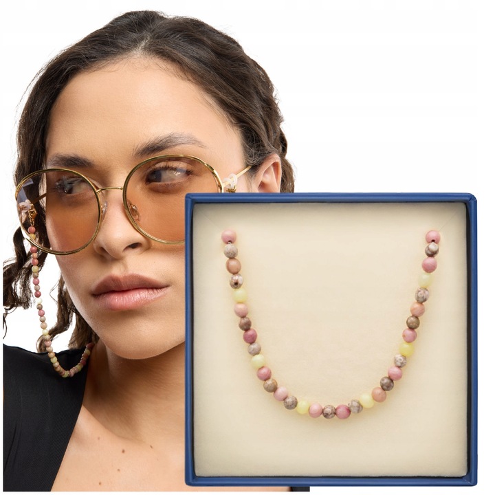 Lant Pentru Ochelari, Mys, Din Pietre Naturale, Jad Roz si Galben, Otel Inoxidabil Placat Cu Aur 16K, Accesoriu Elegant Pentru Ochelari De Vedere si Soare, Cadou Elegant In Cutie, 55 cm