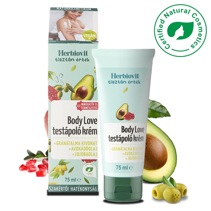 Herbiovit Body Love Testápoló Krém Tubus 75 ml, Természetes Olajokkal, Teljes Test Bőrápolására, Gyors Felszívódás, Kis Csomagolás, Ideális Utazáshoz