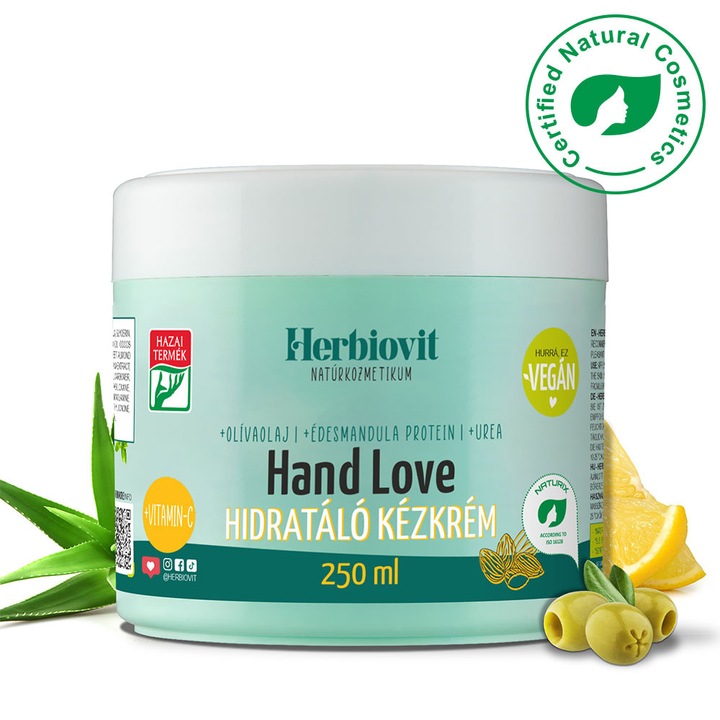Herbiovit Hand Love Kézkrém 250 ml, Intenzív Hidratáló Összetevőkkel, Száraz Kéz Ápolására, Gyorsan Felszívódik, Nem Zsíros, Puha Bőrért, Elengedhetetlen A Mindennapokhoz