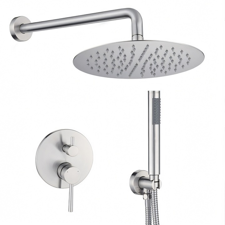 Sistem de dus, Nichel Mat, 2 functii, otel, baterie incastrata cu monocomanda, Fino