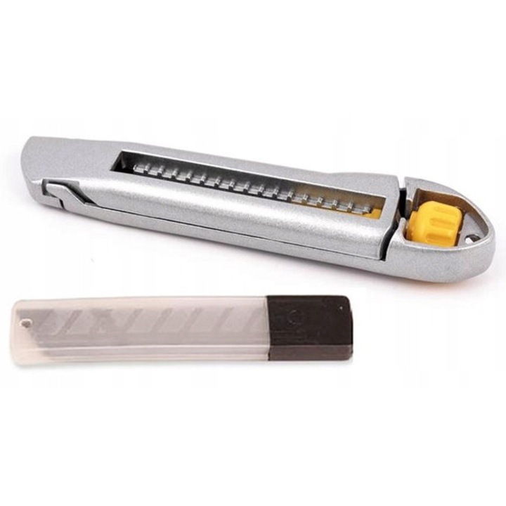 Set Cutter Pentru Tapet Cu Lame, Feinz, Lama Retractabila, Lama Pliabila De 18 mm, Maner Din Metal, Blocare A Extinderii Lamei Cu Ajutorul Unui Buton, Constructie Solida, 10 Lame