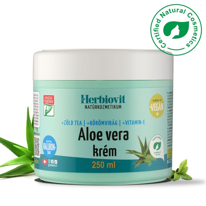Herbiovit Aloe Vera Krém 250 ml, Aloe Vera Juice Kivonat, Extra Hialuronsavval, Intenzív Hidratáló, Bőrfeszesítő Hatás, Gyors Felszívódás, Mindennapi Használatra, Testápoló, Arcápoló, Dekoltázs Krém