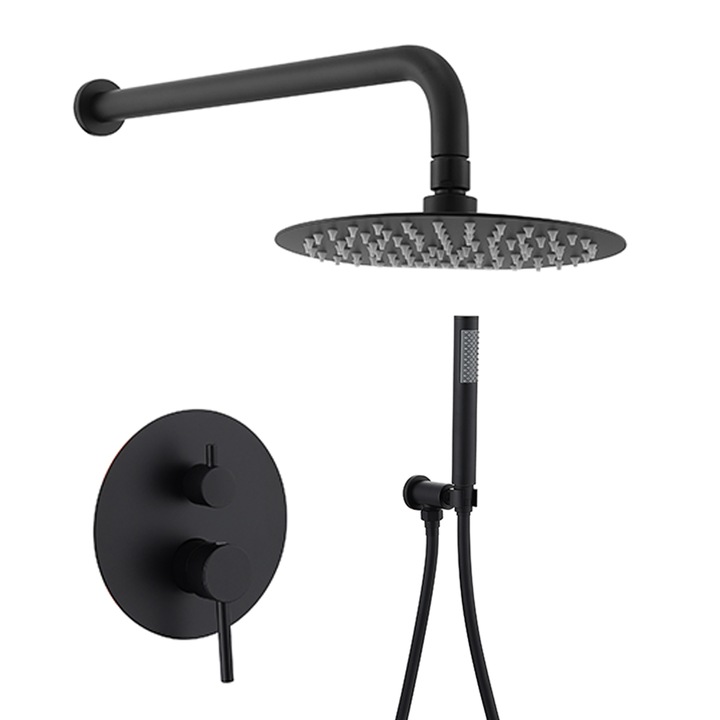 Sistem de dus, Negru Mat, 2 functii, otel, baterie incastrata cu monocomanda, Fino