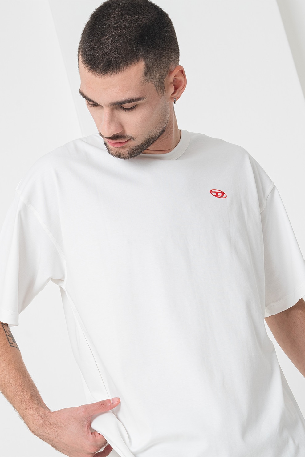 Diesel, Tricou de bumbac cu maneci cazute, Rosu, Alb, M