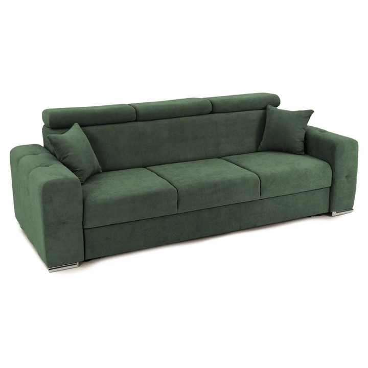 Canapea Extensibila 3 locuri BELLAGIO, cu tetiere reglabile si doua perne, 242x95x99 cm, Verde - Enjoy