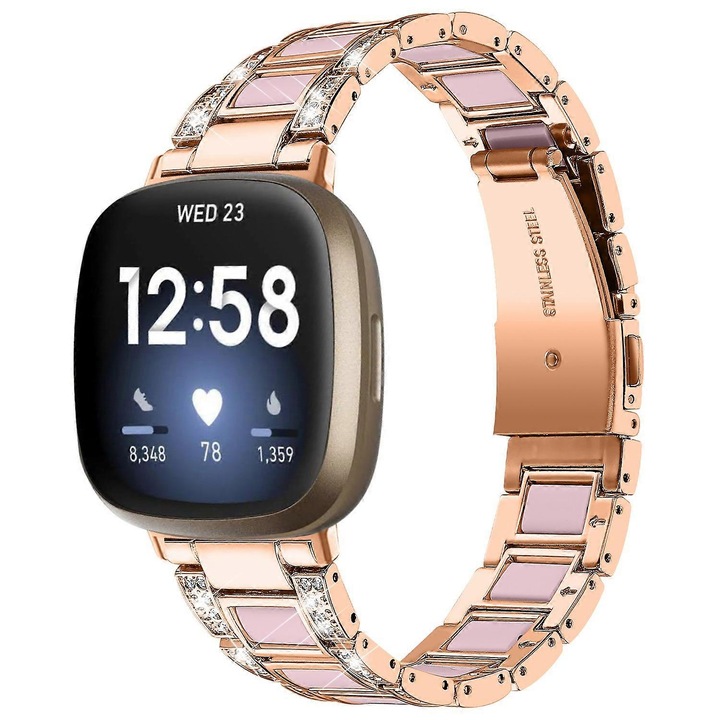 Curea de ceas, pentru Fitbit Versa 4/Sense 2, roz/auriu, cu strasuri