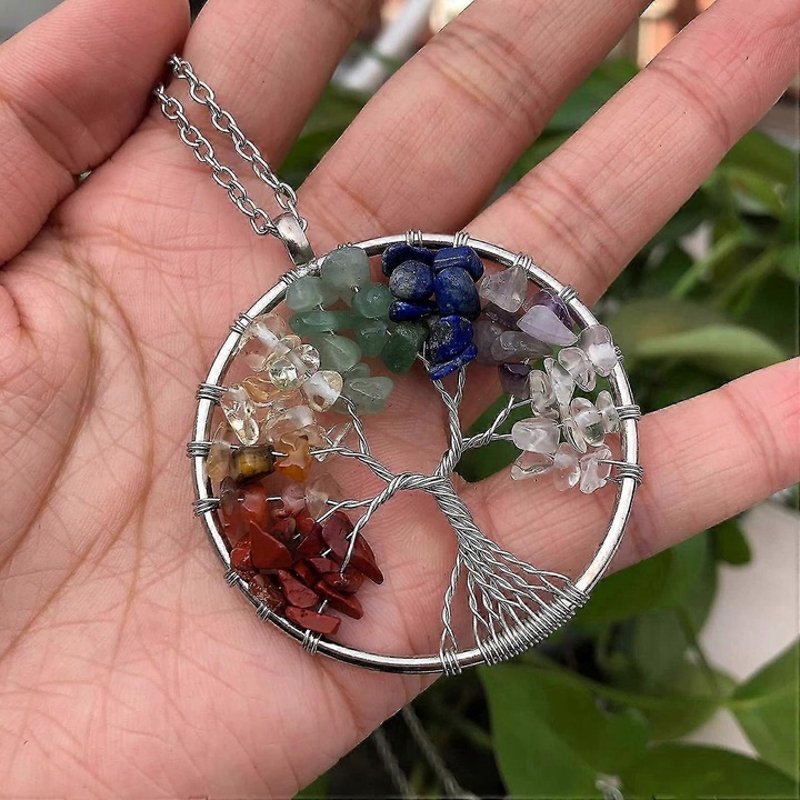 Colier cu 7 cristale chakra, pandantiv copacul vietii, pietre naturale, 50cm, multicolor