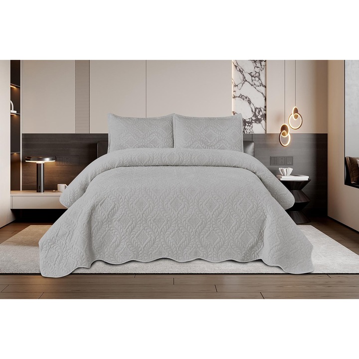 Set Cuvertură de Pat din Catifea, 3 piese, Gri Deschis, 220x240cm, cu 2 Fete de Pernă