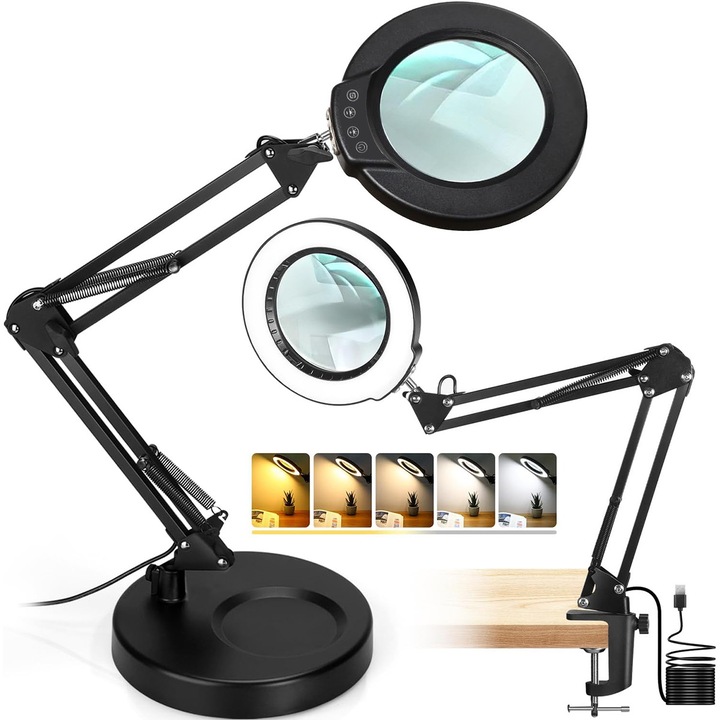 Lupa cu iluminare si suport, 10x, iluminare LED, 5 moduri de culoare, dimabila, 2 in 1 Baza si Clip, pentru citit si lucrari de precizie, Negru