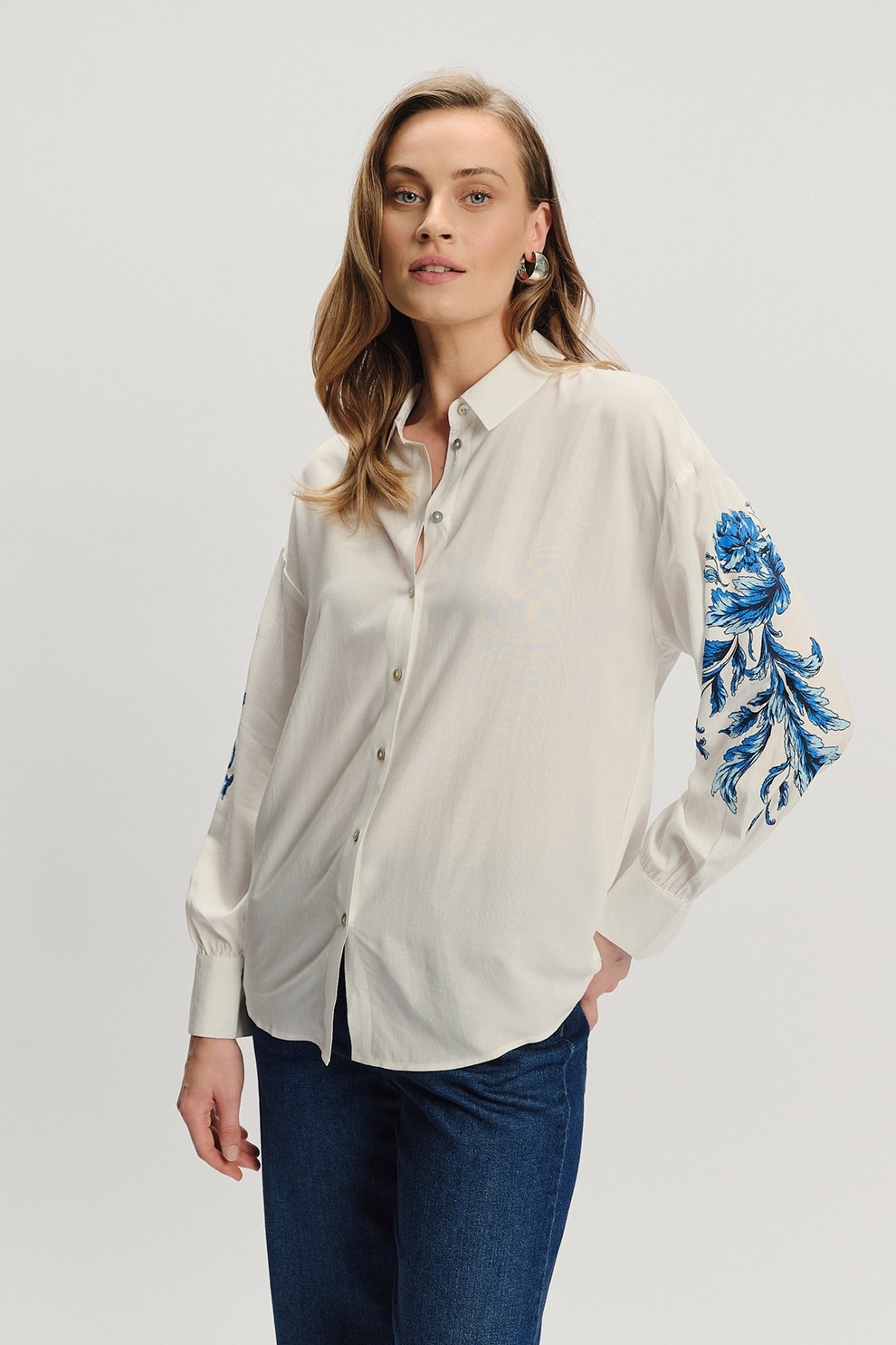 GreenPoint, Camasa lejera cu maneci cu model floral, Alb fildes, Albastru, 34