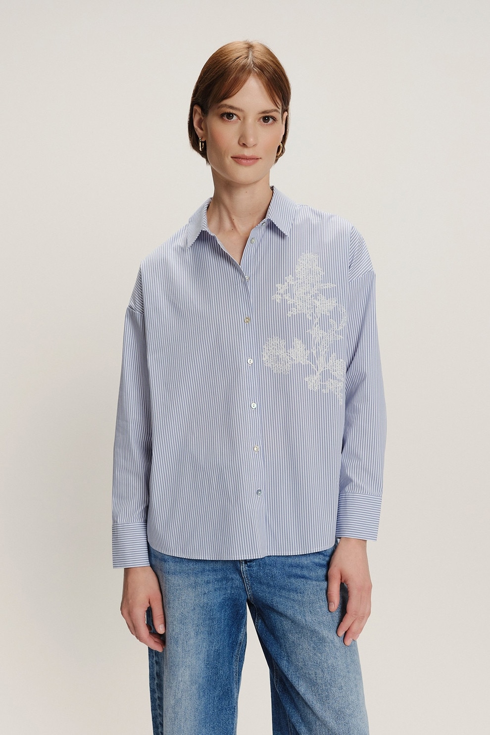 GreenPoint, Camasa cu detaliu cu imprimeu floral si guler ascutit, Alb, Albastru deschis, 36