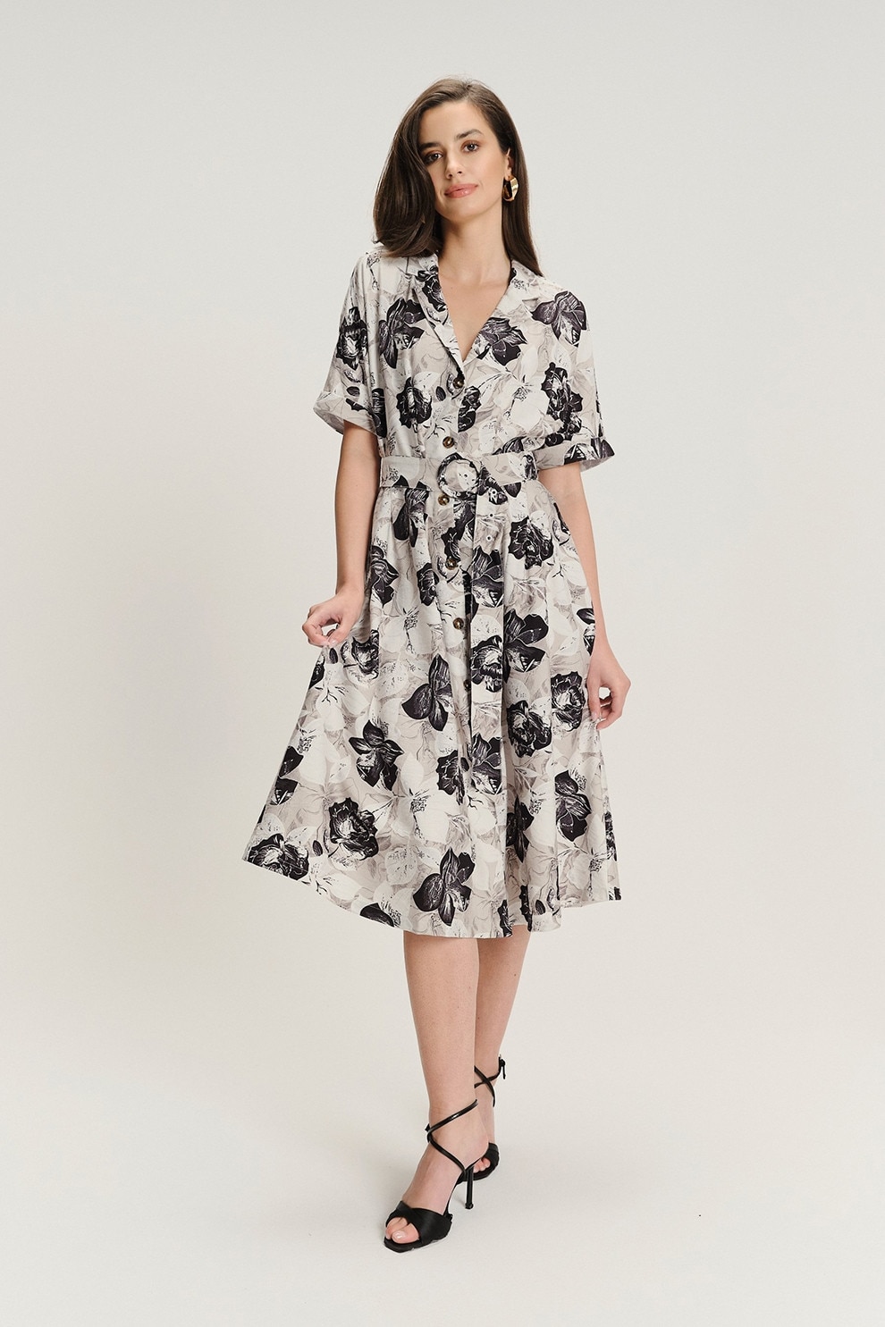GreenPoint, Rochie midi cu design si model, Negru, Grej, 36