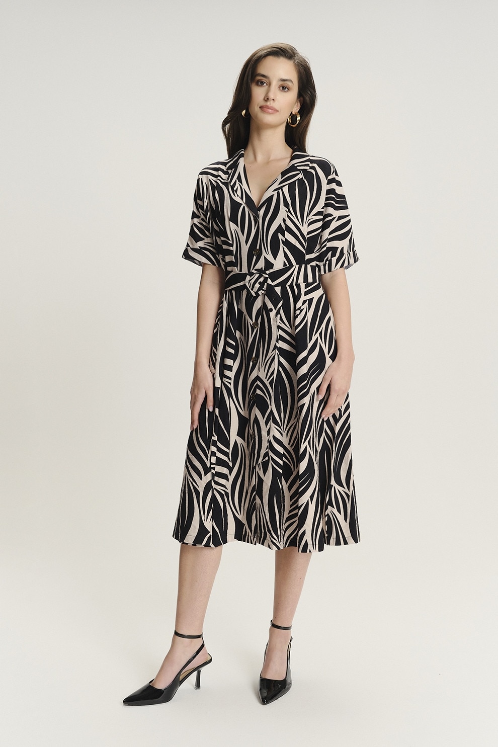 GreenPoint, Rochie midi cu design si model, Negru, Maro nisip, 34