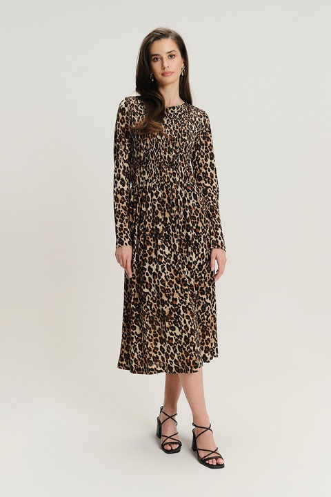 GreenPoint, Rochie midi din amestec de modal cu model, Maro/Bej