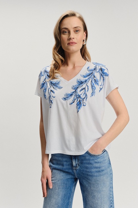 GreenPoint, Tricou din amestec de modal cu imprimeu floral si decolteu in V, Alb/Albastru, S