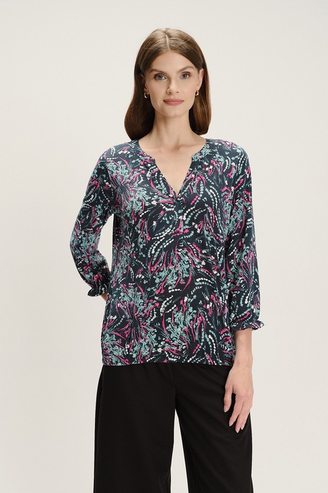 GreenPoint, Bluza cu decolteu caftan si model, Negru/Fucsia/Gri cenusiu