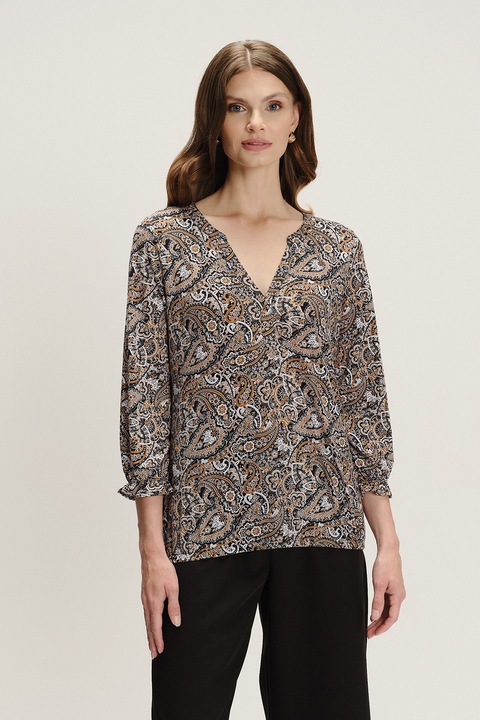 GreenPoint, Bluza cu decolteu caftan si model, Alb/Negru/Portocaliu inchis