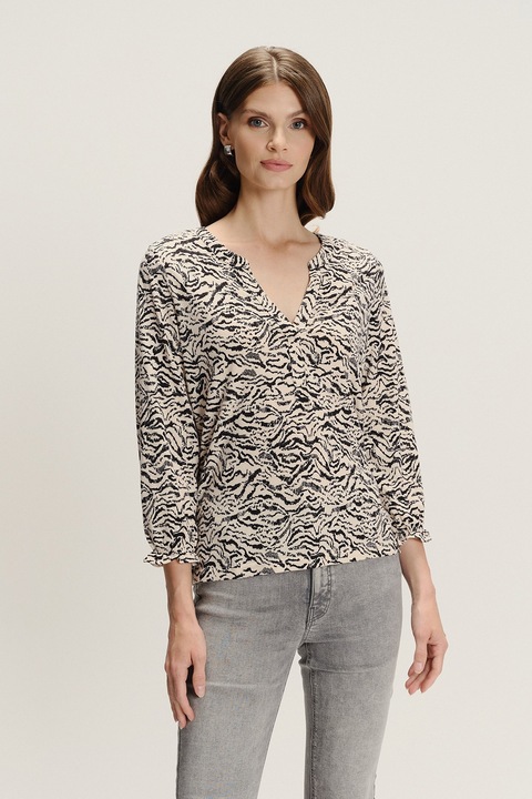 GreenPoint, Bluza cu maneci trei sferturi si model, Negru/Bej