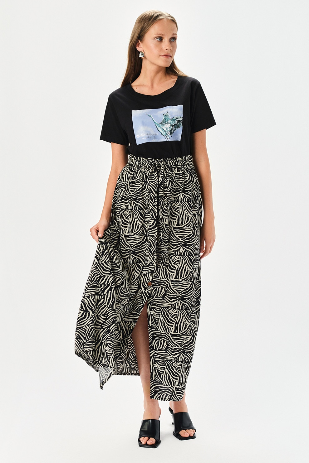 Top Secret, Fusta lunga dreapta cu model, Crem, 38